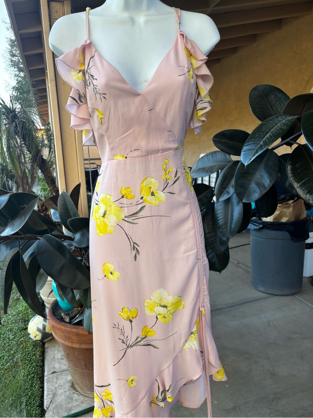 Forever 21 Blush Pink Midi Dress with Yellow Floral Print